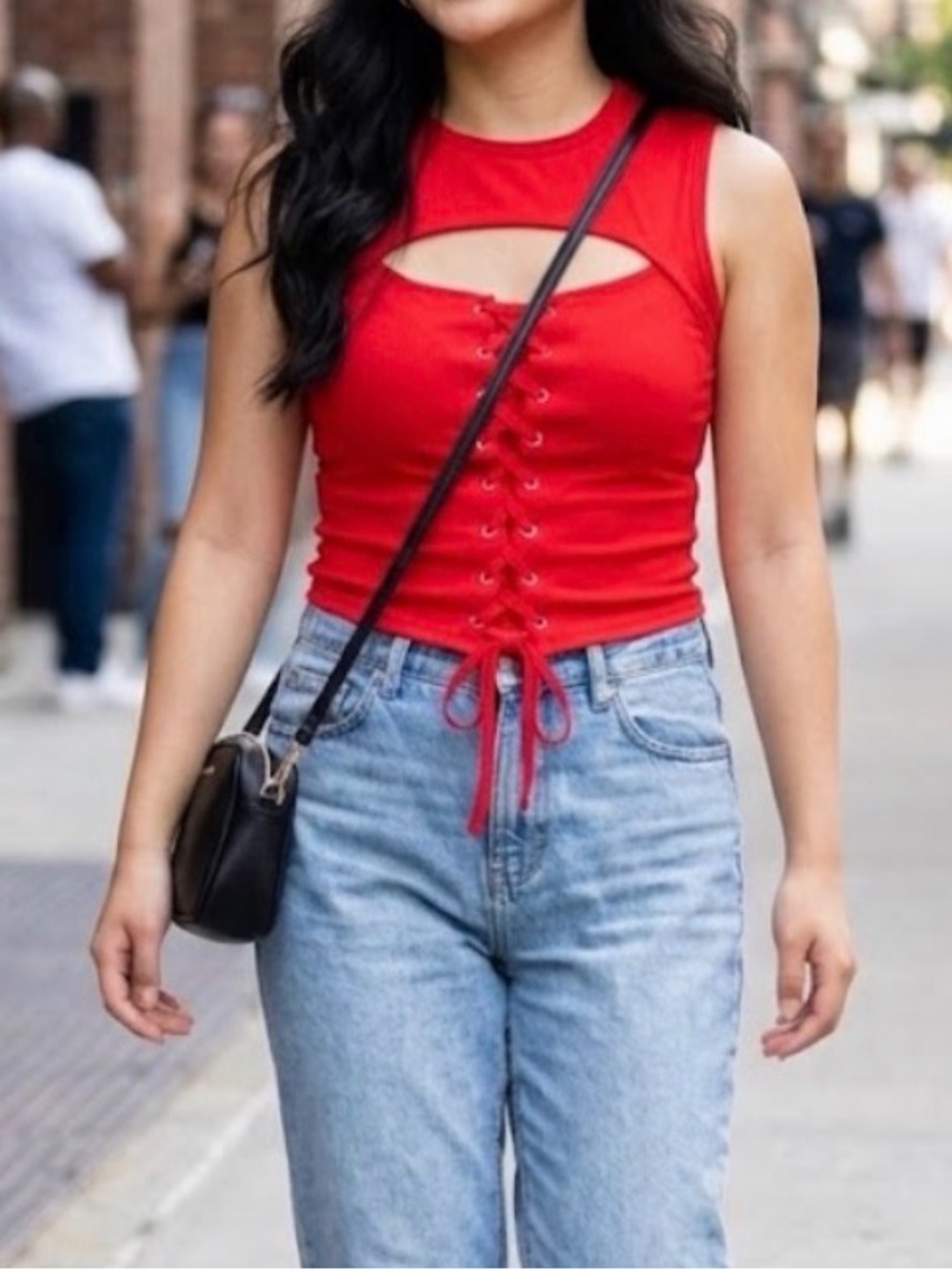 Sleeveless Red Lace-Up Crop Top with Keyhole Detail